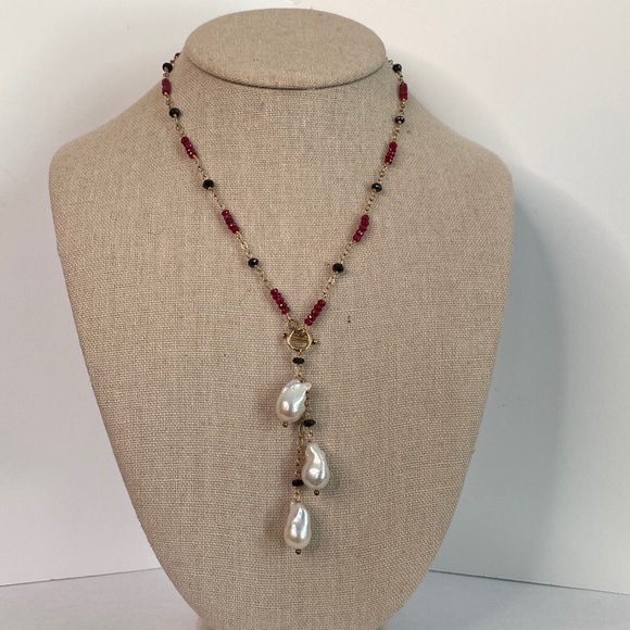 Vintage Shondra Leigh Baroque Pearl Garnet Onyx Necklace - Picture 1 of 7